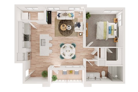 a stylized floor plan of a house with a bedroom and a living room